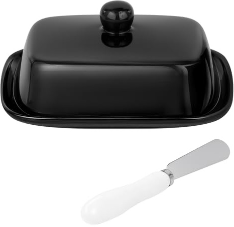 Vicloon Porcelain Butter Storage,Butter Dish with Lid & Knife for 250g butter,Home Ceramic Butter Dish with Good seal for Countertop Dishwasher Safe-Black