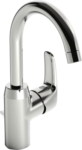 Hansa 45102283 Einhebelmischer/Waschtischbatterie HANSAPINTO DN15 | Ablaufgarnitur (Metall) und Zugbetätigung, Luftsprudler | Auslauf schwenkbar (120°) |6l/min, Ausladung: 148 mm