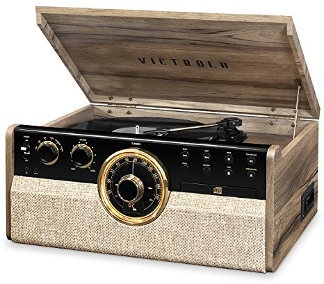Victrola Empire – Platine Vinyle 6-en-1 avec Haut-parleurs, Bluetooth, Radio, Cassette, CD, Sortie RCA et Casque – Style Mid-Century en Noyer Fermier