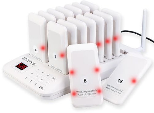 Retekess TD157 Pager System Weiß, Pager Gastronomie Weiss, Draußen 500M, 300 mAh Akku 20H, Einfache Einrichtung, 998 Kanäle, Pager Pieper für Kliniken, Krankenhäuser, Bars (16 Pager)