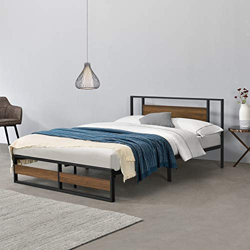 [en.casa] Metallbett Villach 140x200 cm Stahlrahmen Schwarz Spanplatte Walnuss-Optik Bettgestell