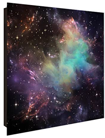 banjado Großer Schlüsselkasten Glas - Schlüsselbox 30x30cm mit 50 Haken - Schlüsselkasten modern für Schlüsselaufbewahrung mit beschreibbarer, magnetischer Glastür - Motiv Im Weltall 2