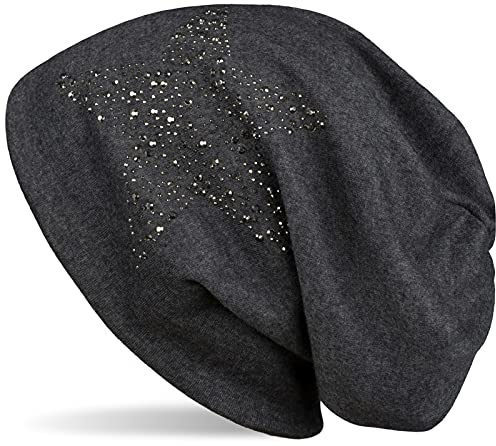 styleBREAKER Dam slouch beanie mössa med strass stjärna | glitter lång beanie av mjuk viskos | en storlek för vuxna, Antracit smälter, one size