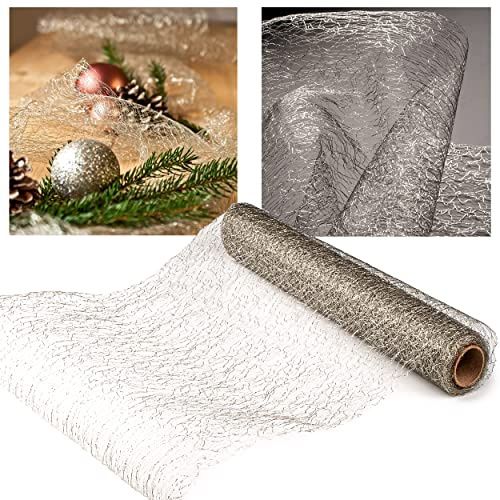 alles-meine.de GmbH Tischläufer/Tischdecke - Silber & Glitzer Netz - 2 Rollen - JE 28 cm x 500 cm - Netzstoff - z.B. Weihnachten - Deko Stoff - Dekostoff - Metall - festlich We..