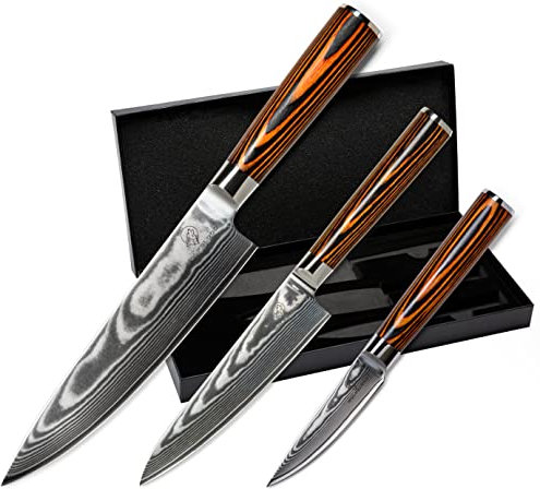 Wolfblood 3er Damastmesser-Set (32, 26 und 20cm) Profi Damast-Küchenmesser Set aus echtem 67 Lagen Damaststahl I Damastmesser Set mit Chefmesser, Office Messer, Holzgriff, Geschenkbox & Klingenschutz