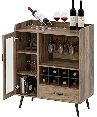 soges Armario de Vino Gabinete de Cocina con Puerta, Armario de Almacenamiento con Estante de Vino, Portavasos, Cajón, Aparador Industrial, Gabinete de Despensa para Sala de EST