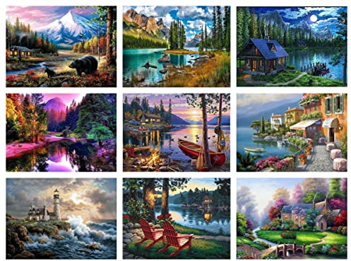 9 Stück Diamant-Malerei-Sets für Erwachsene – 5D-Landschafts-Diamant-Kunst-Sets für Erwachsene und Kinder, Anfänger, DIY 5D-Diamant-Malerei, Vollbohrer, runder Strass für Heimwanddekoration, 30 x 40