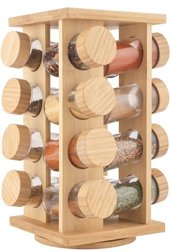 Salter BW12777EU7 Bambus Gewürzgestell – drehbares Gestell, 16 Gläser inklusive & Schraubdeckel, langanhaltende Frische, Gewürze und Gewürze, Spice Organizer Arbeitsplatte, Aufbewahrung Gewürzen