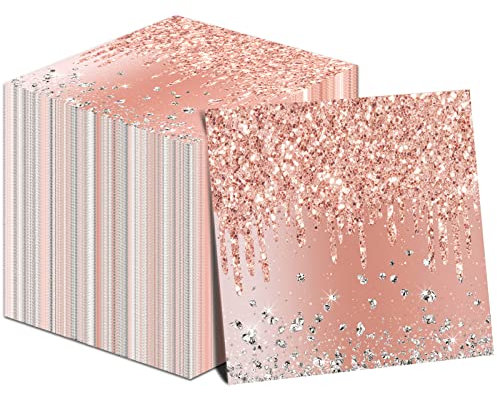 ZOIIWA 100 Stück rotgoldene Geburtstags-Servietten, rosa Partydekorationen, Einweg-Papierservietten für Mädchen und Frauen, süßes Diamant-Thema, Jahrestag, Hochzeit, Babyparty, Gastgeschenke
