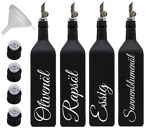 Ölflasche 1 Liter mit Edelstahl-Ausgießer - schwarz-matt - 4er Set - Glas - Haushalt - inkl. Trichter - Küche - hochwertig - Made in Germany (Free-Flow Ausgießer)