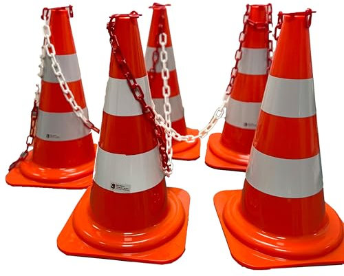 UvV Leitkegel Set – 5 Stück, PVC, 1,2 kg, inkl. 10 m Kette, rot/weiß, flexible Sicherkeitskegel mit Notglieder
