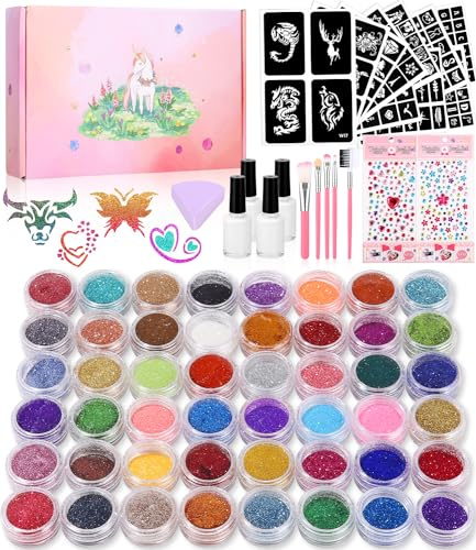 546 Glitzer Tattoo Set Kinder, 48 Farben,250 Schablonen, 238 Strasssteine | 5Pinsel,4 Kleber,Schönheitsschwamm,Wasserdichtes Tattoo Kinder Make Up Körper Glitzer,Geschenk Party Geburtstag Ostern