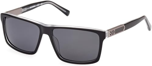 HARLEY-DAVIDSON HD0977X Herren Sonnenbrille, Leichte Lässige Sonnenbrille, Rechteckige Linsenform, Polarisierte Rauchgläser, Glänzendes Schwarz