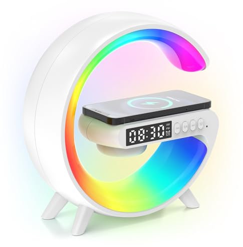 Kangtaixin Lampe D'ambiance avec Chargeur sans Fil, Lumière D'ambiance Rythmique avec Haut-parleurs Bluetooth, Luminosité Réglable, Charge du Téléphone, Affichage De La, Réveil