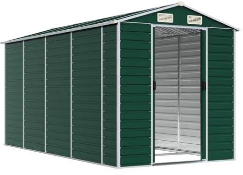 Gecheer Outdoor Storage Shed Metal Garden Tool Shed Tool Storage House Outdoor Bike Shed Door and Roof Green 191x385x198 cm Galvanised Steel