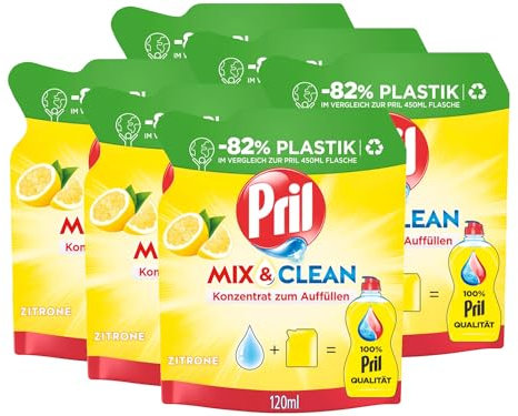 PRIL Mix & Clean Zitrus Konzentrat zum Auffüllen (6x 120 ml), Handgeschirrspülmittel mit höchster Fettlösekraft, für sauberes Geschirr auch in kaltem Wasser, 82% weniger Plastik
