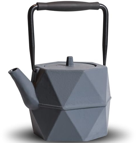 GUANGHEIRON Teiera in ghisa, bollitore da 992,2 g, cassaforte con infusore, per tè e caffè, teiera minimalista giapponese con motivo a diamante con interno smaltato, 1000 ml, grigio