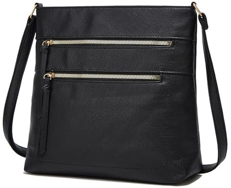 FURONGHUA Handtasche Damen Umhängetasche Damen Mittelgroß Schwarz Crossbody Bags für Frauen Veganes Leder mit 4 Reißverschlussfächern Mode Tasche Damen Umhängetaschen