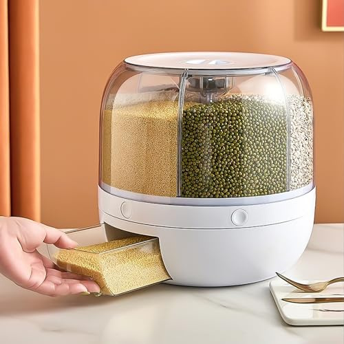 Rotating Grain Dry Food Dispenser Countertop - 6-Grids Cereal Tank for Lentils, Rice, Beans - Kitchen Pantry Storage Container, Max 22 lbs Capacity - White - PET+PP, 360° Rotatable Design, Transparent