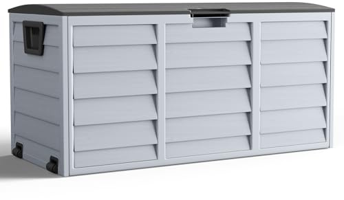 The Fellie Garden Storage Box With Lid and Wheels - 290L Lockable Waterproof Outdoor Container for Garden Tools, Cushions in Dark Grey