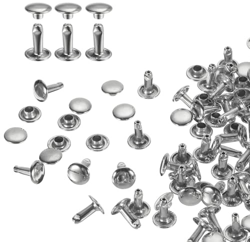 QUARKZMAN 60er Set Leder Nieten 8x10mm Runde Doppelkappe Tubular Metall Hohlnieten Spitznieten Zubehör Schraubnieten Rücknieten für Lochzange Gürtel Dekoration Kleidung Handwerk (Silber)
