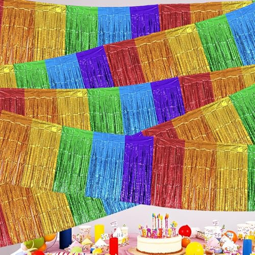 2er-Pack Regenbogen Metallic-Folien-Fransengirlanden, 40 x 300 cm, Bunte Hängende Lametta-Streamer Banner für Geburtstag, Hochzeit, Pride Month, Abschlussfeier, Karnevalsparaden und Festwagen-Dekorati