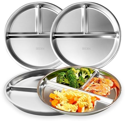 CrazyTerra Platos de acero inoxidable para niños, placa de metal dividida para control de porciones de 9 pulgadas para adultos y niños pequeños, equilibrar el almuerzo, divisores bariátricos para