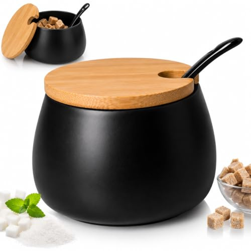 OMAGO® Zuckerdose mit Löffel, schwarz, aus Keramik, zum Servieren von Zucker zu Kaffee und Tee, schwarz, mit Deckel, schützt vor Feuchtigkeit und Verschütten.