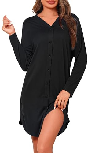 Crewhpo Chemise de Nuit Allaitement Maternité Boutonnée Devant Doux Léger | Coton Doux et Extensible, Ouverture Boutonnée sur le Devant, Col V, Pour Grossesse, Maternité et Post-Partum, à la Maison