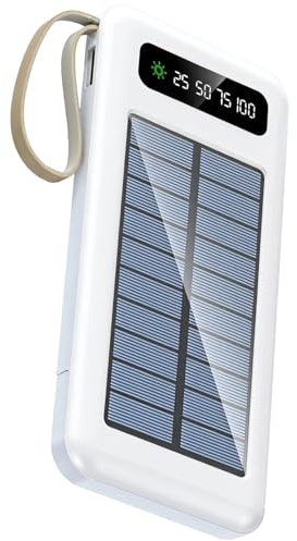 Caricatore solare, 10000 mAh Power Bank, Grande Capacità, Porte Multiple, Cavi Integrati, Dispositivo USB Bianco, Torcia esterna e Indicatore LED, Certificato Fcc CE
