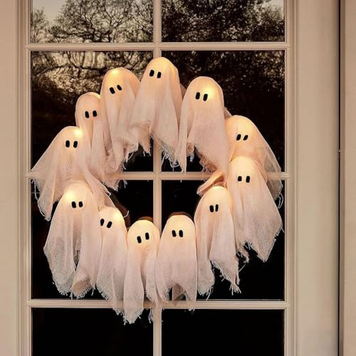Halloween Türkranz mit LED Lichter, Halloween Geister Deko Türkranz, Ghost Wreath für Türdeko, Halloween-deko Leuchtend Gespenster Deko für Außen Innen Wand Tür Party Dekoration (A)