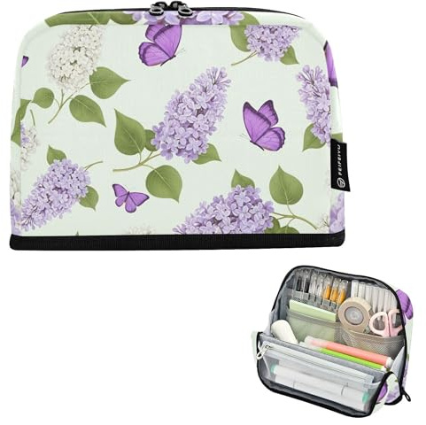 Zipper Pencil Pouch Large Pencils Case Pencils Storage Bags Classroom Pen Bag Boys Marker Art Back to School Adults Office Supply Lilac White Flowers Butterflies