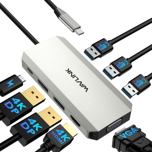 WAVLINK Laptop Docking station, Quad-Monitor-Dockingstation mit Dual DP, HDMI, VGA, 100W PD IN, 3 USB-A2.0 für kabellose Geräte, kompatibel mit Dell/HP/Lenovo usw., nur für Computer mit Windows-System | Single 8K @ 60Hz, 100W PD in, 3×USB-A for wireless devices, Compatible with Dell/HP/Lenovo, Windows Only