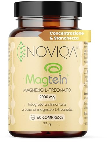 NOVIQA Magnesio L-Treonato Magtein® 2000 mg, 60 Compresse, Integratore Magtein Magnesio Treonato Puro ad Alta Biodisponibilità, Concentrazione, Memoria, Riduzione Stanchezza Mentale, Vegan