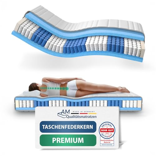 AM Qualitätsmatratzen Premium Taschenfederkernmatratze 90x200cm H2 24cm - Made in Germany & Oeko TEX Siegel - 7 Zonen Federkernmatratze 90x200 mit Lyocell Bezug - Ergonomische Matratze 90x200 H2