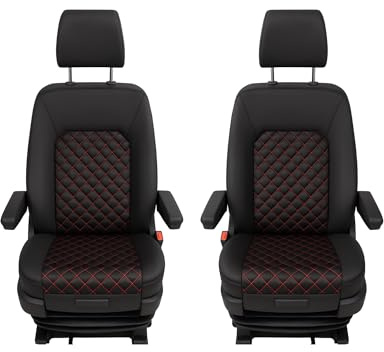 Generisch Sitzbezüge für VW T5 mit Zwei Einzelsitzen vorne Schwarz mit roten Nähten - Schonbezüge für Fahrersitz und Beifahrersitz - Kunstleder Sitzschoner Set 1+1 - fahrzeugspezifische Passform