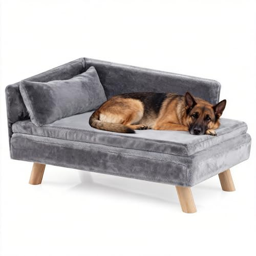 SOARS Canapé surélevé pour chien et chat avec dossier, coussin et pieds en bois, pour petits chiens, 81 x 51 x 47 cm, gris