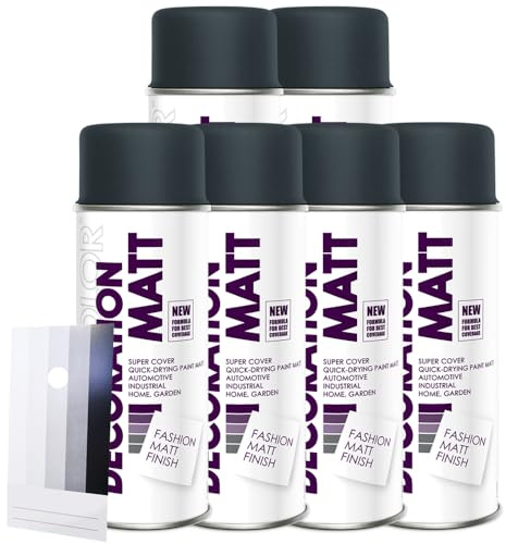 Craft-Equip DC 6 Stück Lackspray Matt nach RAL in 400ml zur Lackierung von Auto Stahl Aluminium Beton Holz und Spritzmusterkarte (6 Dosen in anthrazit MATT RAL 7016 + Karte)