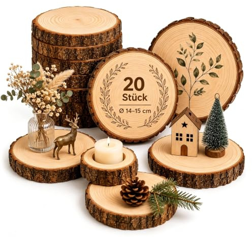 Lindahandel 20er Set Holzscheiben 15 cm Durchmesser,Baumscheiben Naturholz mit Rinde,Runde Holzscheiben zum Basteln,15 mm Dick,Ungebohrt,Holzscheiben Deko für DIY, Hochzeit, Tischdeko, Lasergravur