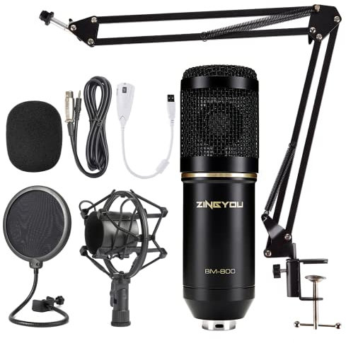 ZINGYOU Condenser Microphone Kit, BM-800 Mic Set with Adjustable Mic Suspension Scissor Arm, Metal Shock Mount and Double-layer Pop Filter for Studio Recording & Broadcasting(Black)