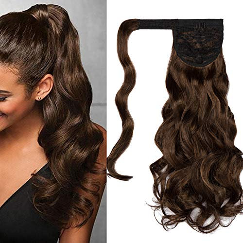 Extensiones de Clip de Pelo Natural Coleta Postiza Extensiones de Cabello Rizadas Ponytail Largo Clip in Hair Extension Cola Wrap Around (Marrón medio&Castaño claro)