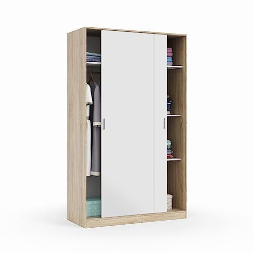 Mobelcenter – Armario 2 Puertas Correderas – Armario Matrimonio o Juvenil - Acabado Color Blanco Artik y Roble Canadian – Medidas: Ancho: 120 cm x Fondo: 50 cm x Alto: 200 cm - (1411)