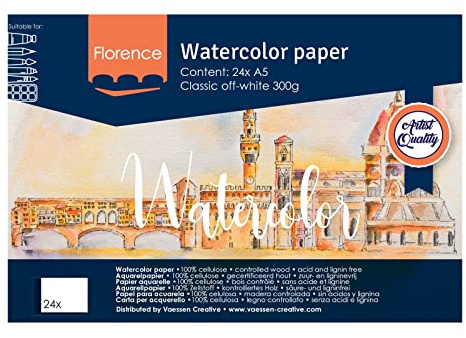 Florence Aquarellpapier Feine Textur - Zeichenblock für Aquarellfarben A5 - Beige - Malblock für Wasserfarben - Künstlerbedarf und Scrabooking - 300 gsm