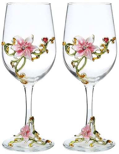 XUDREZ Weinglas-Set, handgefertigt, bemalt, Emaille, Blume, Gin-Ballon, Rotweinglas, 2er-Set, Geburtstagsgeschenke für Frauen, Mutter, Freunde, Muttertag, bleifrei (rosa Lilie (2er-Set)