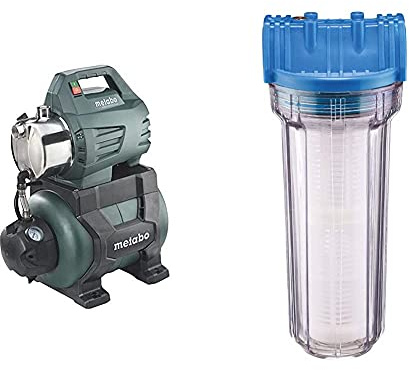 Metabo Hauswasserwerk HWW 4500/25 Inox (1300 Watt, 4,8 bar, 24 Liter, Fördermenge 4500 Liter/Stunde, Rückschlagventil Hauswasserautomat mit Start) & Güde 94462 Typ B Wasserfilter, Blau, transparent