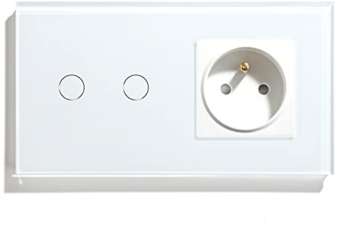 BSEED Normal Prise Standard Français avec Interrupteur à Capteur Tactile Intelligent Alexa WIFI 16Amp Double Prise D'Alimentation Vitre 2 Gang 1 Voie Applique Murale Blanc