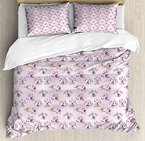 ABAKUHAUS Orchidee Set Copripiumino, Selvaggio Phalaenopsis Exotic, Decorativo 3 Pezzi con 2 Fodere Cuscini, 230 x 220 cm - 70 x 50 cm, Viola Verde Rosa Bambino