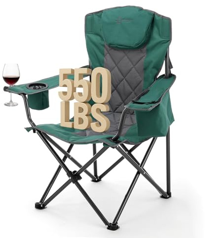 ARROWHEAD OUTDOOR Portable Deluxe Folding Camp Quad Chair w/Headrest, Glass & Cup Holders, Armest 6-can Cooler, Heavy Duty Carry Bag, 550 lbs Weight Capacity