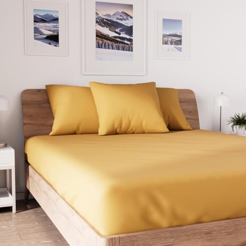 Soleil d'ocre, Jersey Sábana Bajera Ajustable, Algodón, Amarillo, 90 x 190 cm