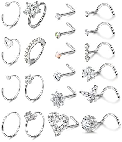 Adramata 20 Stück 20G Nasenring Nasenstecker Chirurgenstahl Nasenpiercing Lippenringe CZ Nasenringe Hoop Septumringe Schwarz Gold Silber Nasenringe für Damen Herren
